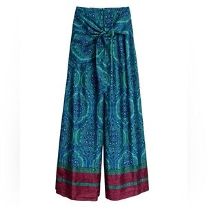 NWT Women's Zara S Wide Leg Teal & Aqua Front Tie Pants Sarong Front